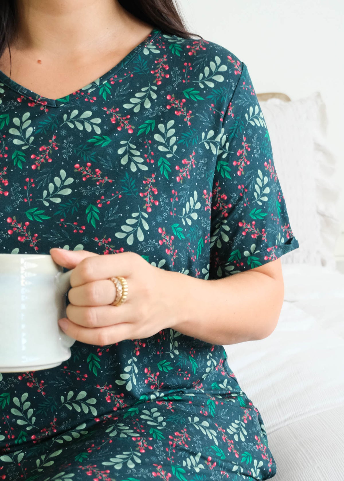 Georgia Rylan Evergreen Dreams V-Neck Bamboo Nightshirt lifestyle front view close up of green mistletoe holiday print — Cloud Nine Pajamas Edmonton