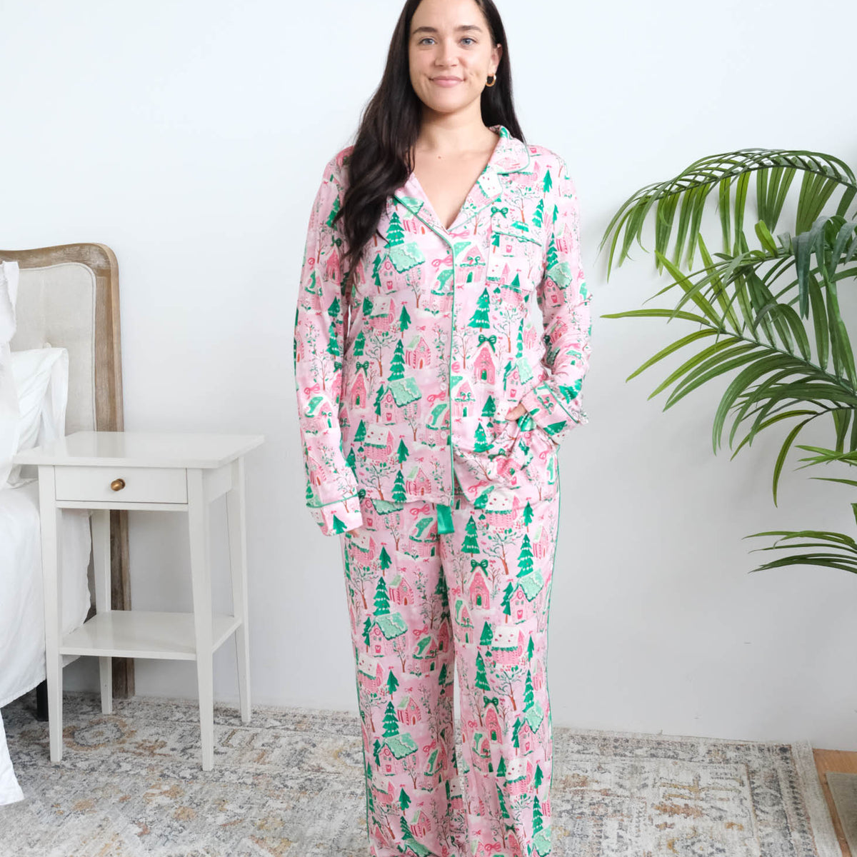 Georgia Rylan Sugar Plum Dreams Bamboo PJ Set full length front view on model — Cloud Nine Pajamas Edmonton