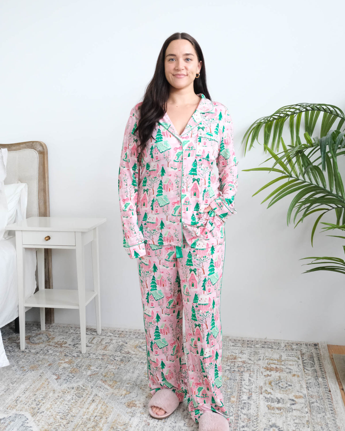 Georgia Rylan Sugar Plum Dreams Bamboo PJ Set full length front view on model — Cloud Nine Pajamas Edmonton