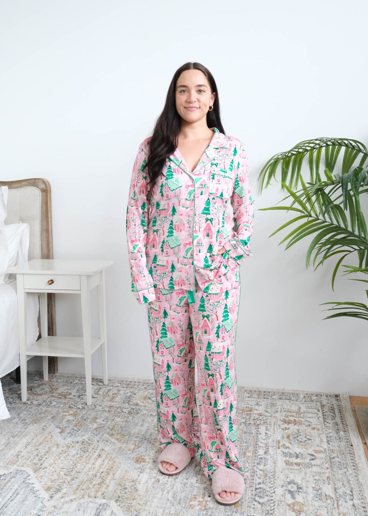 Georgia Rylan Sugar Plum Dreams Bamboo PJ Set full length front view on model — Cloud Nine Pajamas Edmonton