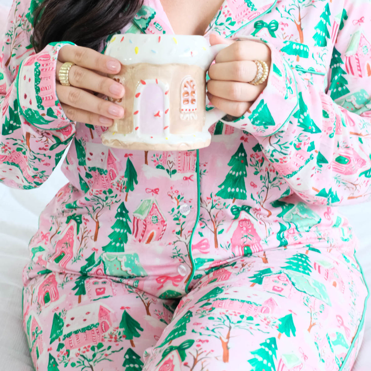 Georgia Rylan Sugar Plum Dreams Bamboo PJ Set notch collar piping chest pocket detail — Cloud Nine Pajamas Edmonton