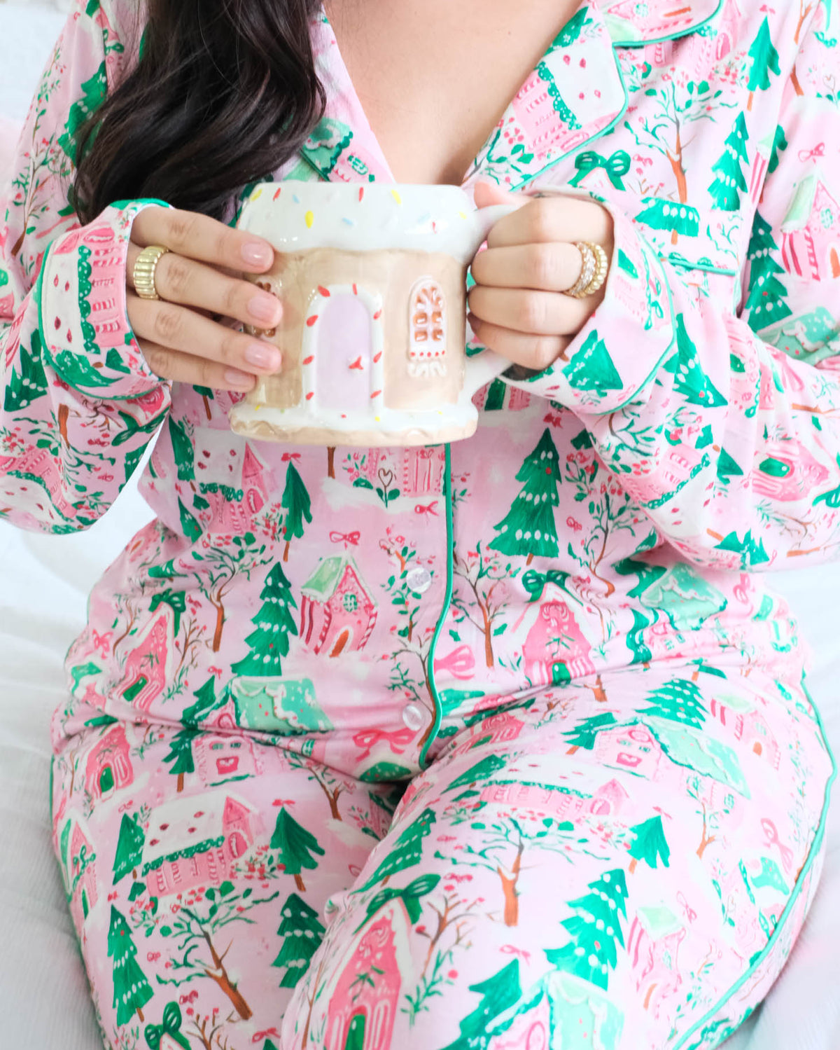 Georgia Rylan Sugar Plum Dreams Bamboo PJ Set notch collar piping chest pocket detail — Cloud Nine Pajamas Edmonton