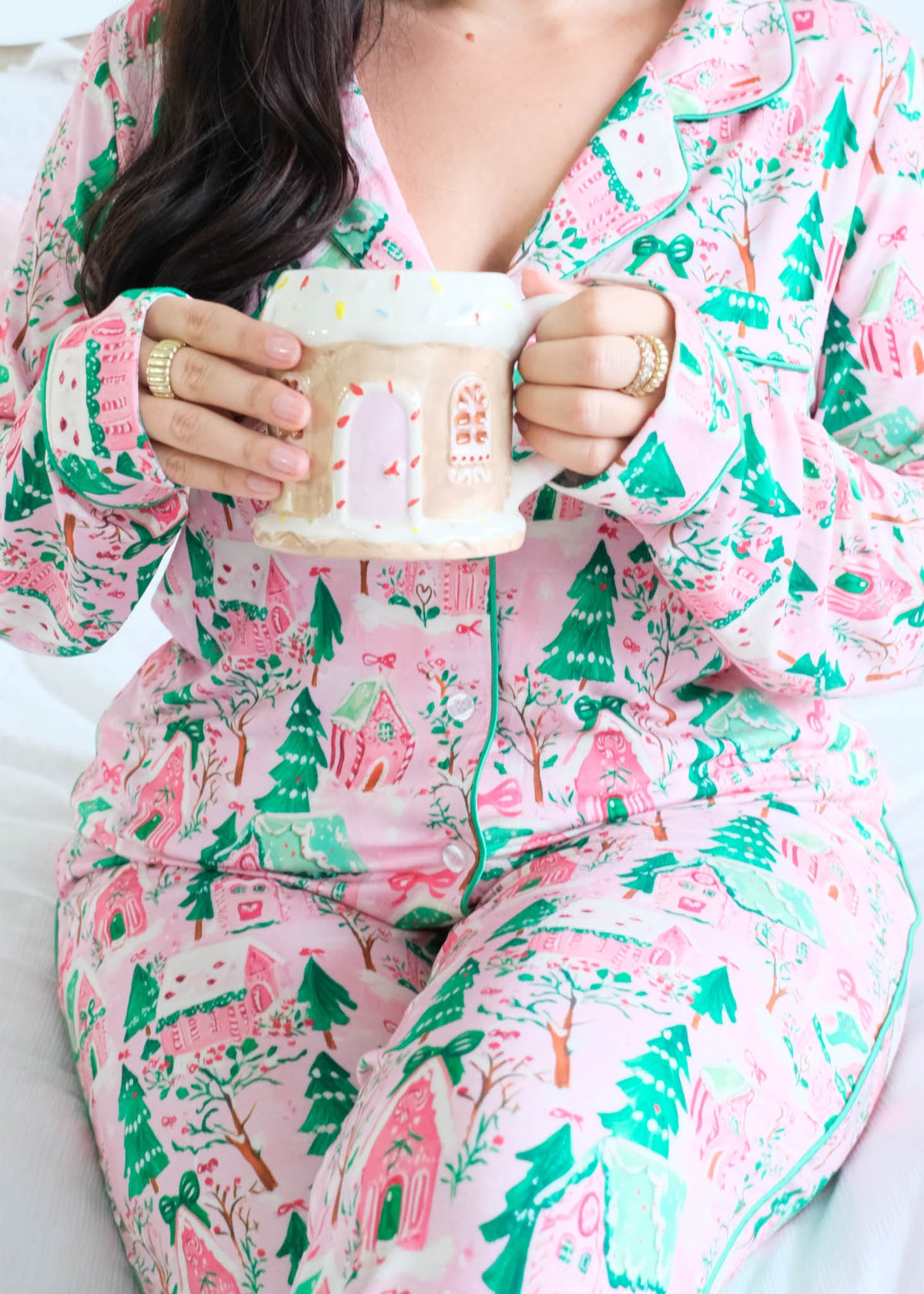 Georgia Rylan Sugar Plum Dreams Bamboo PJ Set notch collar piping chest pocket detail — Cloud Nine Pajamas Edmonton