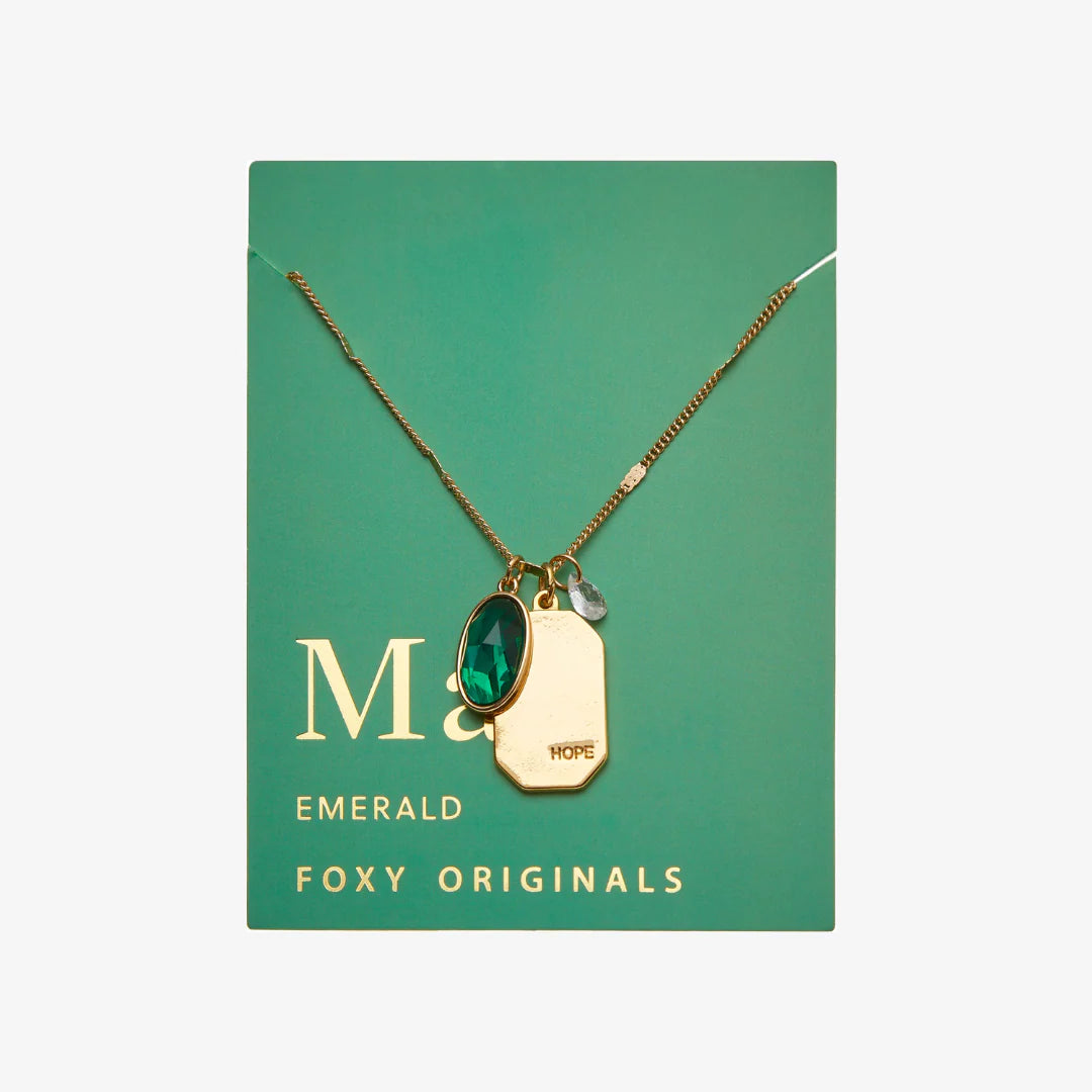 Birthstone Charm Necklace in 14k Plated Gold featuring emerald stone and 'HOPE' tag by Foxy Originals.