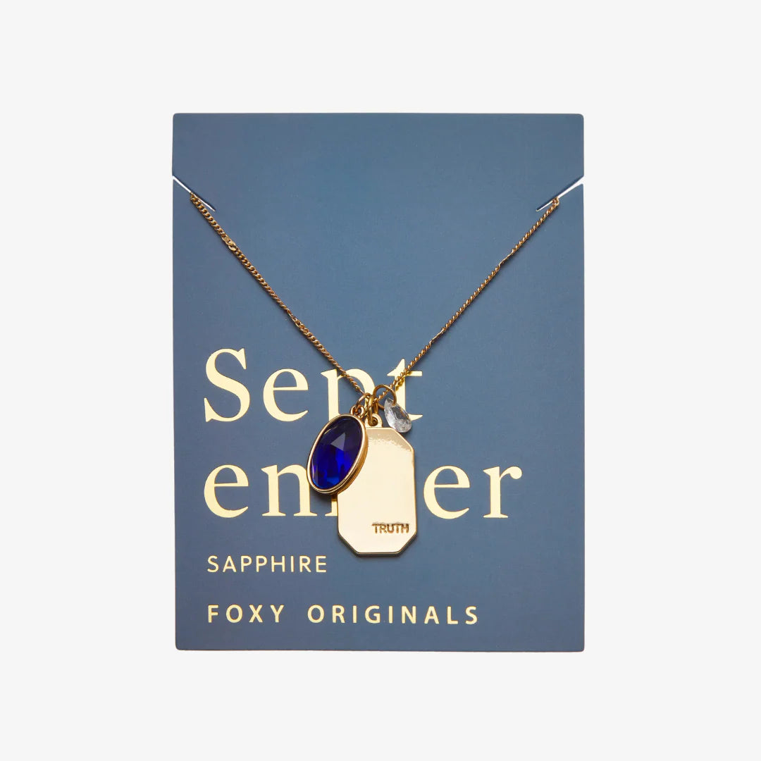 Birthstone Charm Necklace in 14k Plated Gold featuring September sapphire stone and 'TRUTH' charm by Foxy Originals.