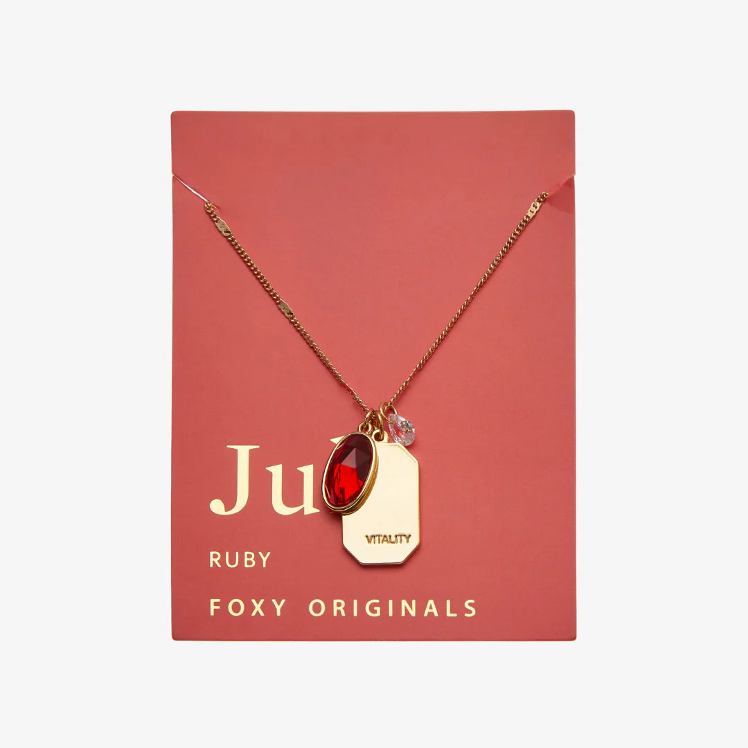 Birthstone Charm Necklace in 14k Plated Gold for JULY featuring a ruby stone, labeled 'Vitality', by Foxy Originals.