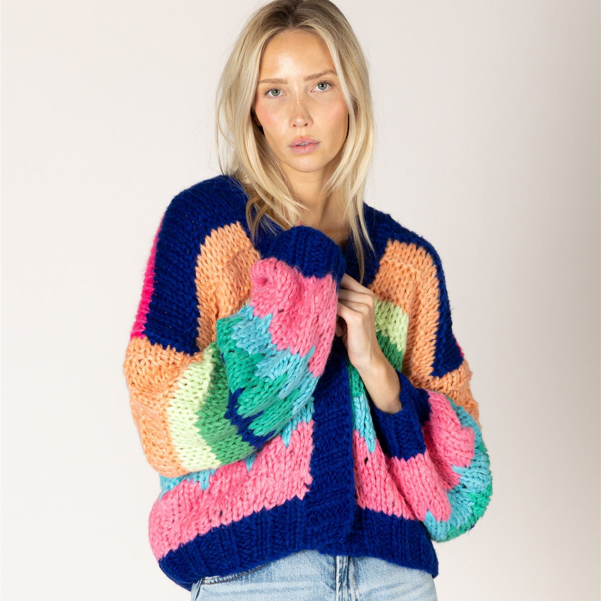 Lyla & Luxe HADLEY hand-knit cobalt stripe open front cardigan — model wearing Small — Cloud Nine Pajamas Edmonton