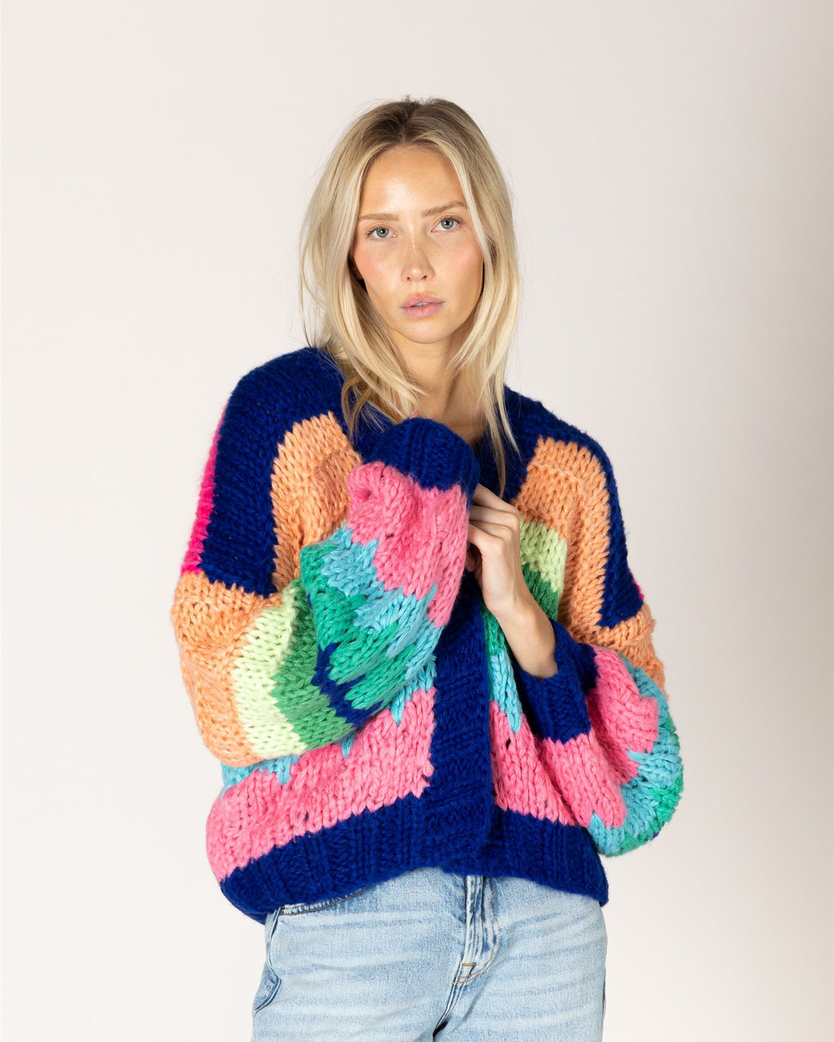 Lyla & Luxe HADLEY hand-knit cobalt stripe open front cardigan — model wearing Small — Cloud Nine Pajamas Edmonton