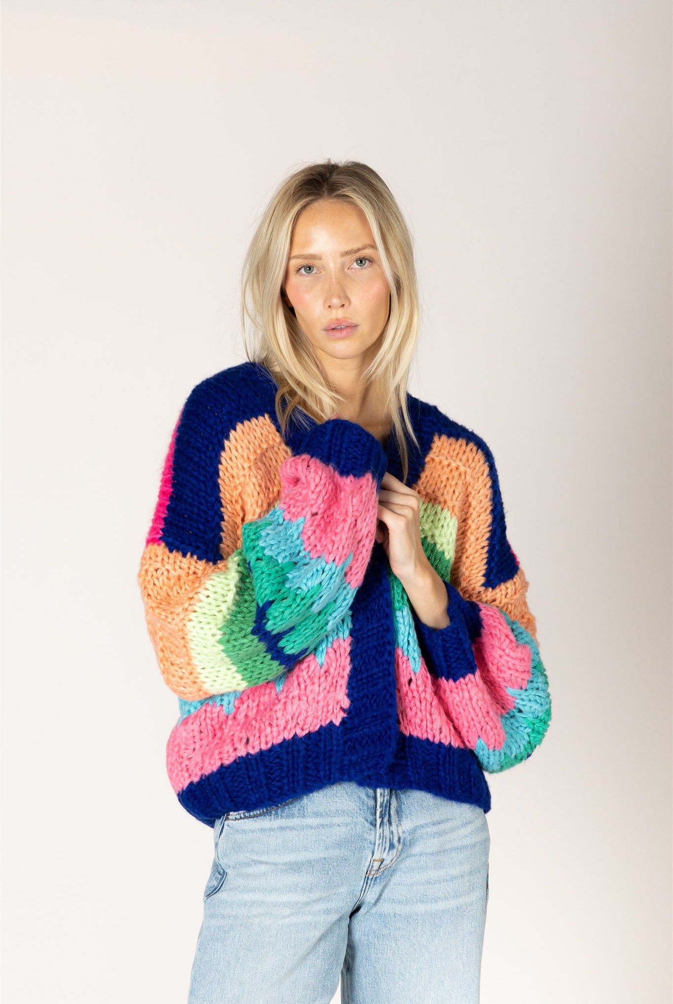 Lyla & Luxe HADLEY hand-knit cobalt stripe open front cardigan — model wearing Small — Cloud Nine Pajamas Edmonton