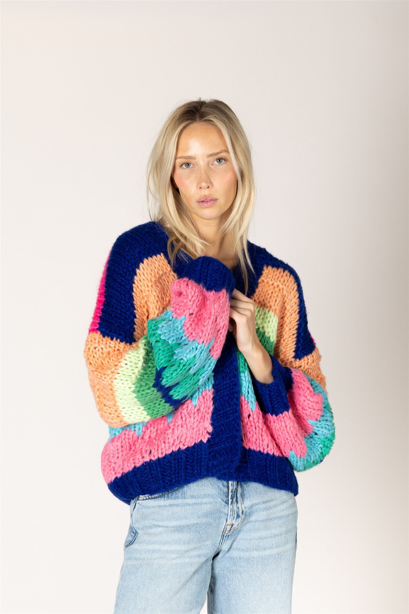 Lyla & Luxe HADLEY hand-knit cobalt stripe open front cardigan — model wearing Small — Cloud Nine Pajamas Edmonton