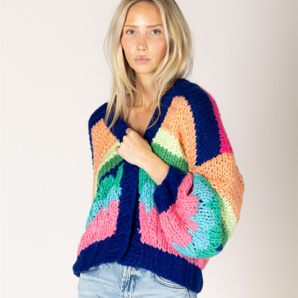 Lyla & Luxe HADLEY cobalt stripe cardigan front view open drape — Cloud Nine Pajamas