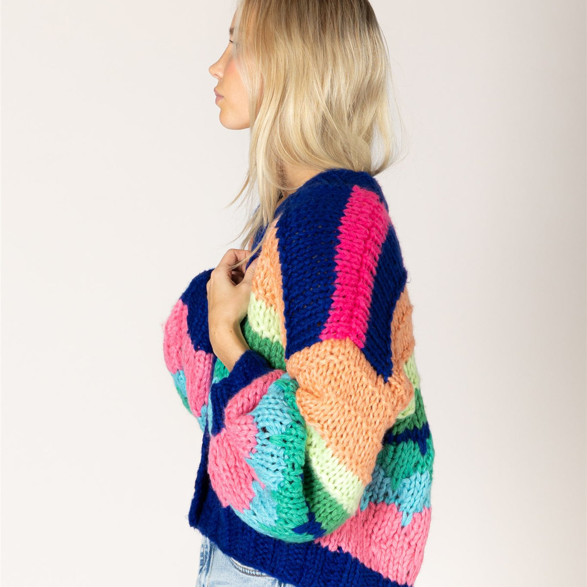 Lyla & Luxe HADLEY hand-knit stripe cardigan side view layering — Cloud Nine Pajamas