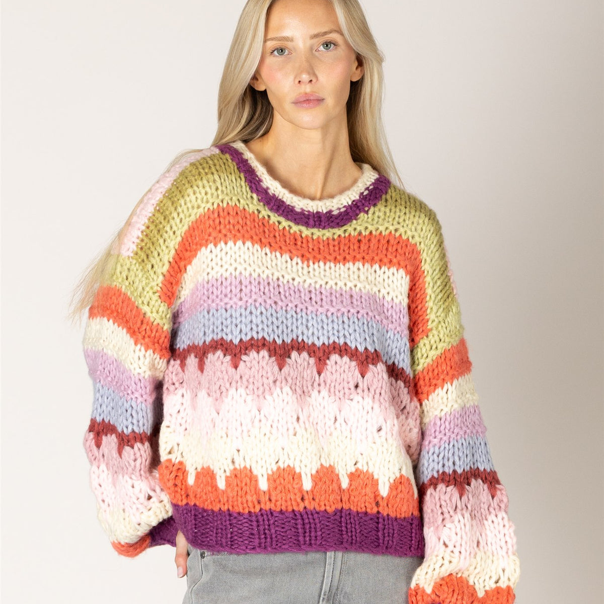 Lyla & Luxe HALA hand-knit violet stripe crew neck sweater — model wearing Small — Cloud Nine Pajamas Edmonton