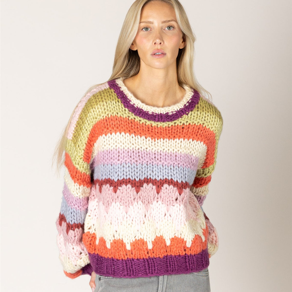 Lyla & Luxe HALA violet stripe pullover front view — Cloud Nine Pajamas