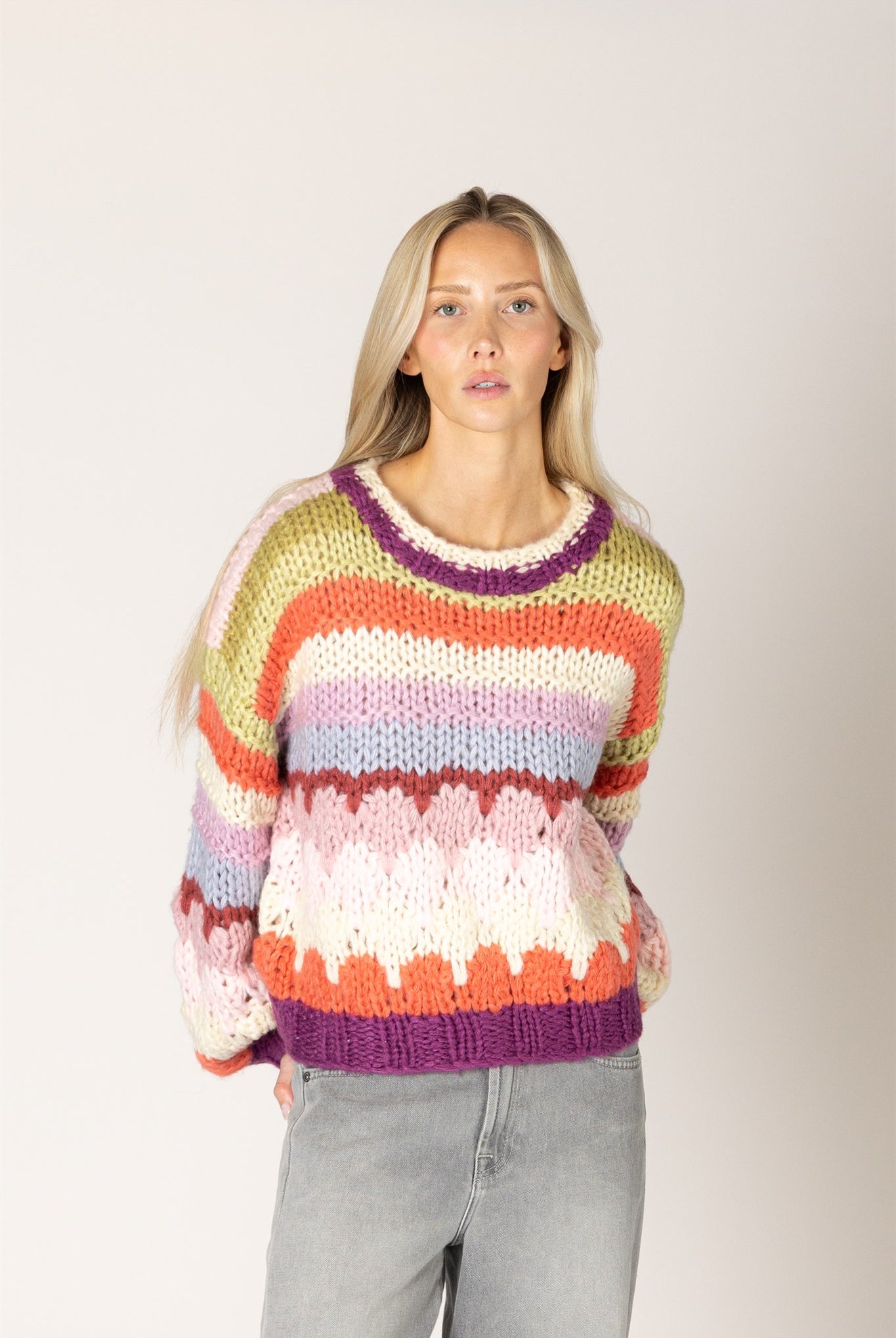 Lyla & Luxe HALA violet stripe pullover front view — Cloud Nine Pajamas