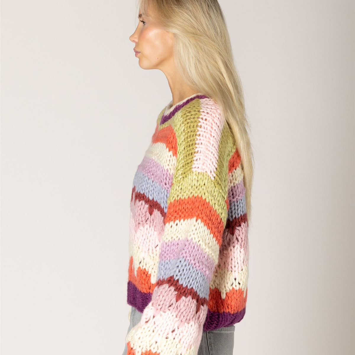 Lyla & Luxe HALA hand-knit stripe sweater side view — Cloud Nine Pajamas