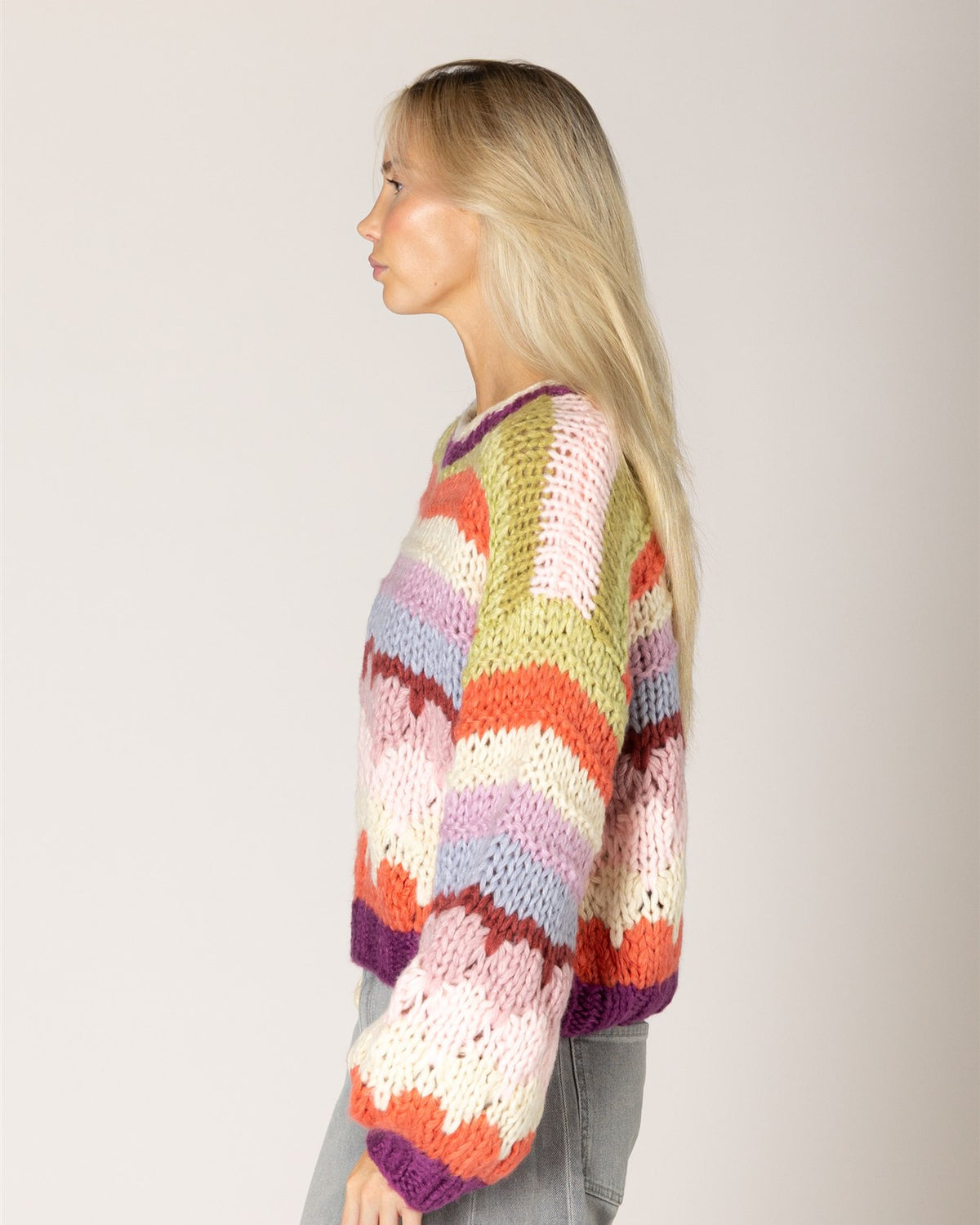 Lyla & Luxe HALA hand-knit stripe sweater side view — Cloud Nine Pajamas