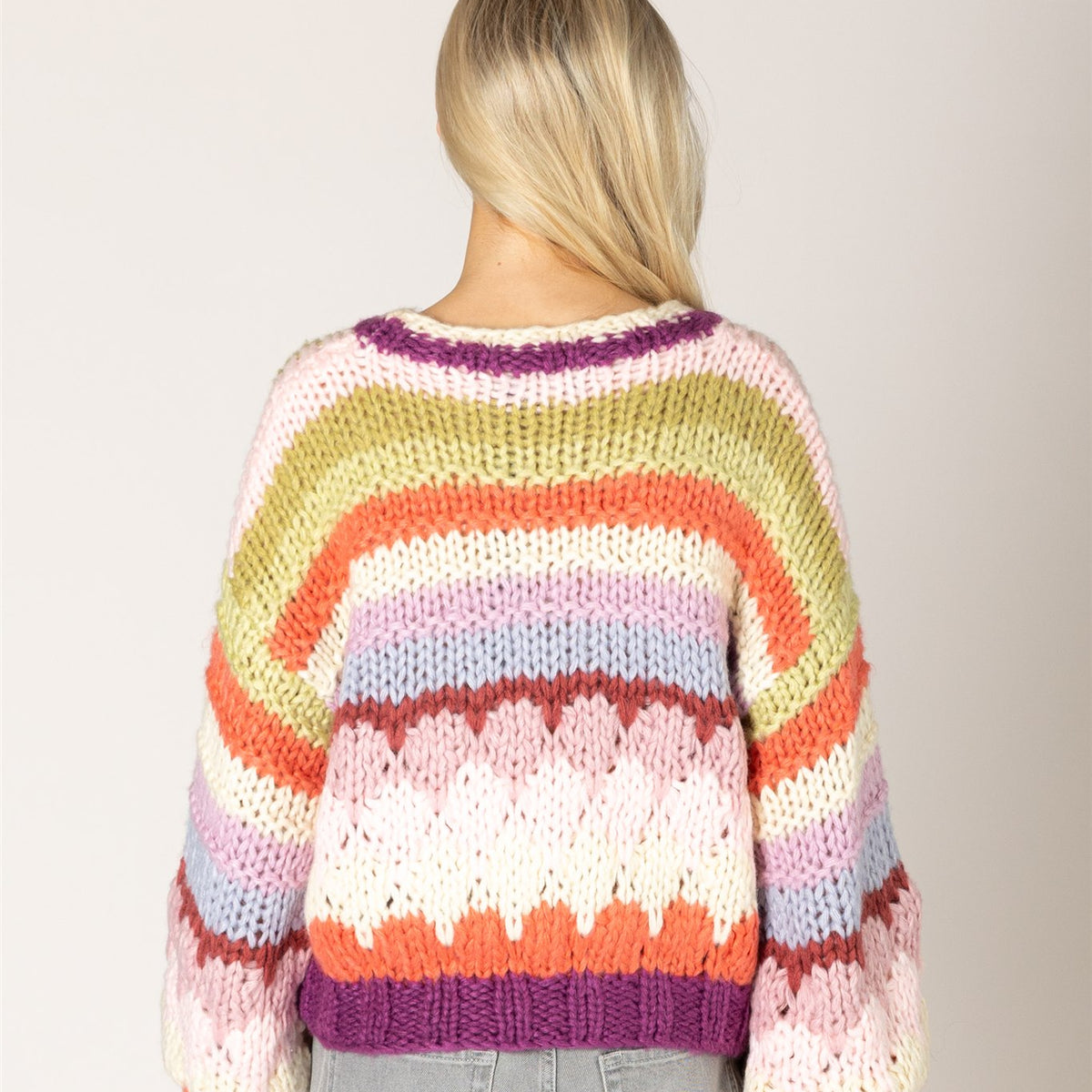 Lyla & Luxe HALA violet stripe crew neck pullover lifestyle — Cloud Nine Pajamas Edmonton