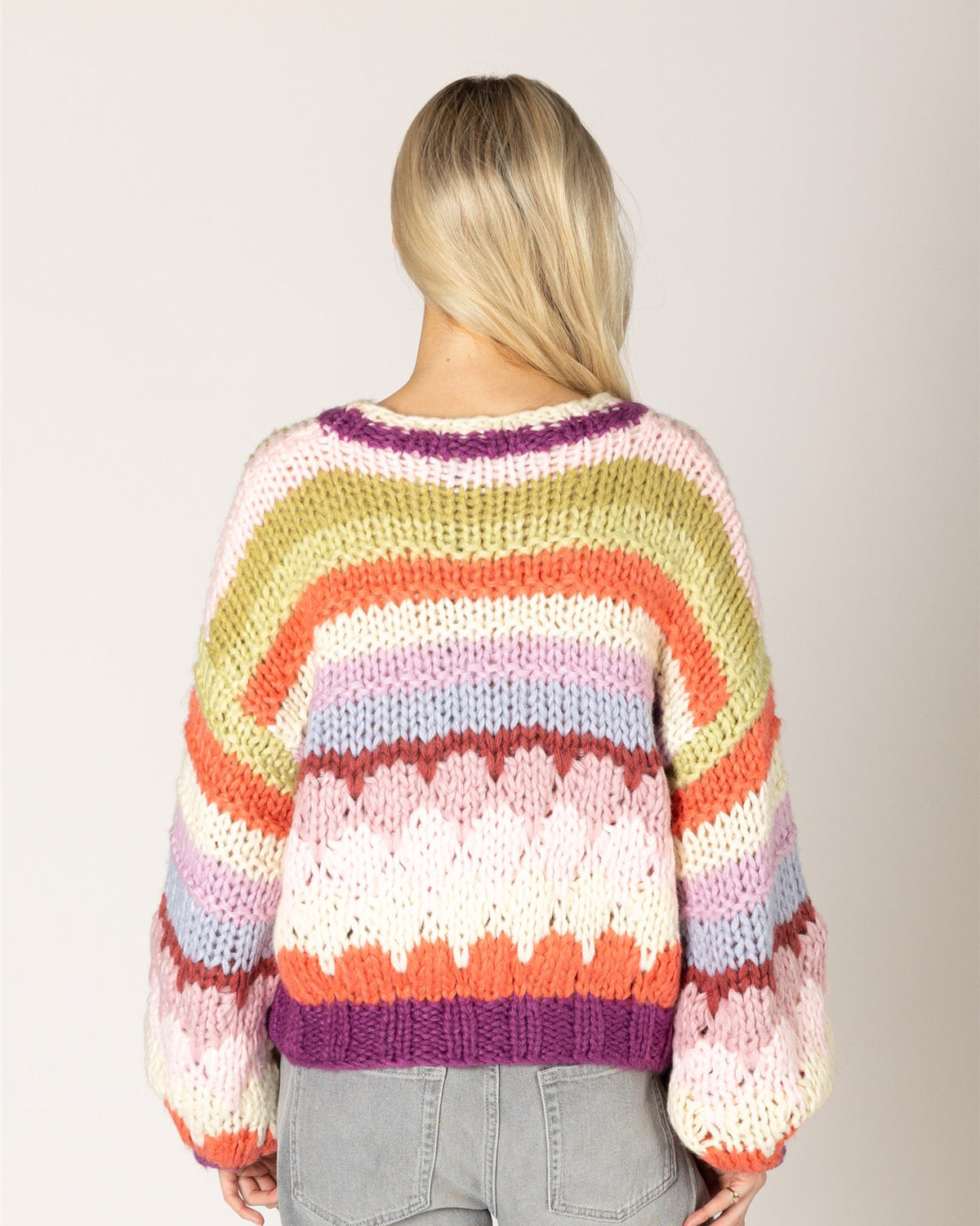 Lyla & Luxe HALA violet stripe crew neck pullover lifestyle — Cloud Nine Pajamas Edmonton