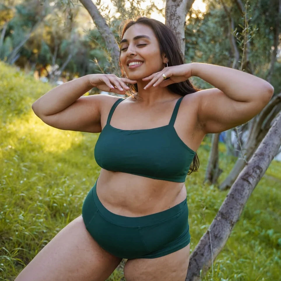 HUHA Mineral Brief Green TENCEL Modal on plus size model front view — Cloud Nine Pajamas Edmonton