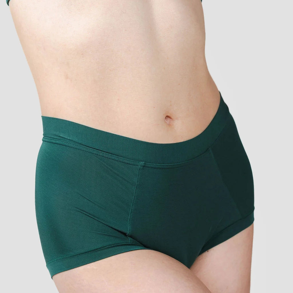HUHA Mineral Brief Green TENCEL Modal on model front view — Cloud Nine Pajamas Edmonton