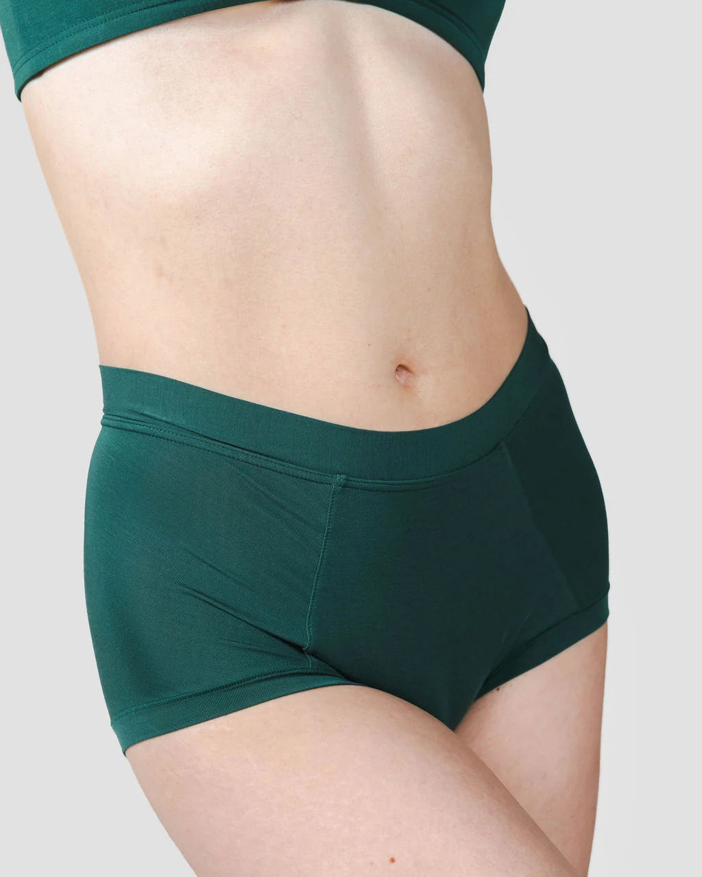 HUHA Mineral Brief Green TENCEL Modal on model front view — Cloud Nine Pajamas Edmonton