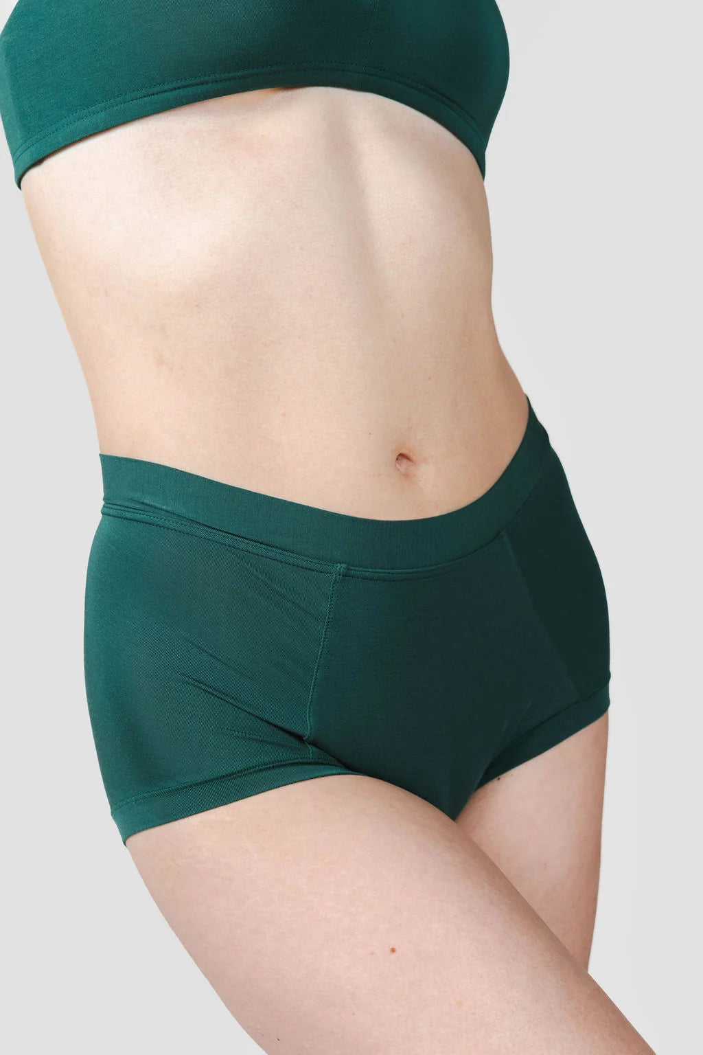 HUHA Mineral Brief Green TENCEL Modal on model front view — Cloud Nine Pajamas Edmonton