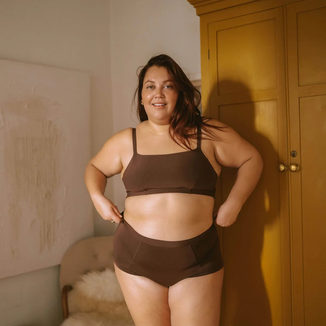 HUHA Mineral Brief Brown TENCEL Modal lifestyle on plus size model front view — Cloud Nine Pajamas Edmonton