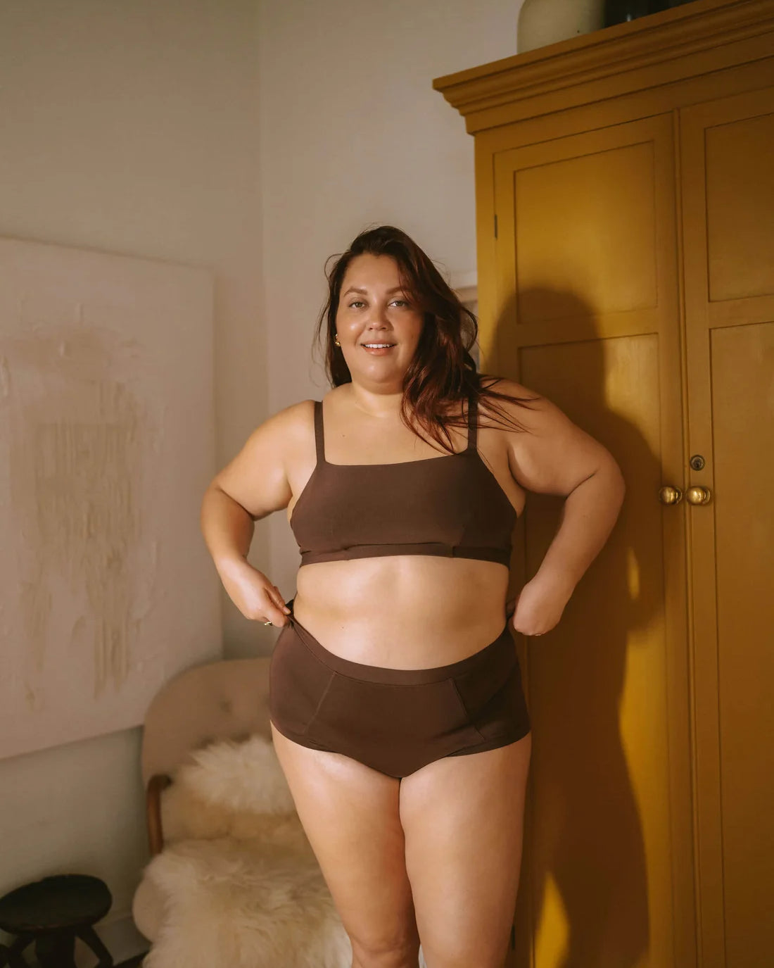 HUHA Mineral Brief Brown TENCEL Modal lifestyle on plus size model front view — Cloud Nine Pajamas Edmonton