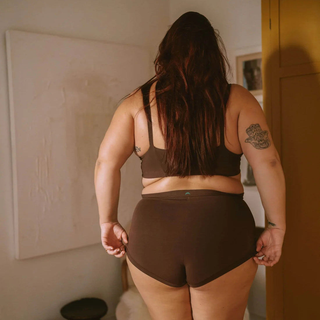 HUHA Mineral Brief Brown TENCEL Modal lifestyle on plus size model back view — Cloud Nine Pajamas Edmonton