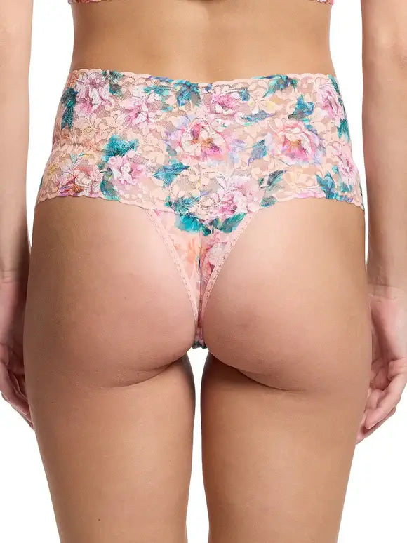 Hanky Panky Retro Thong showing the back view with floral lace design, high-waisted fit, and figure-flattering coverage.