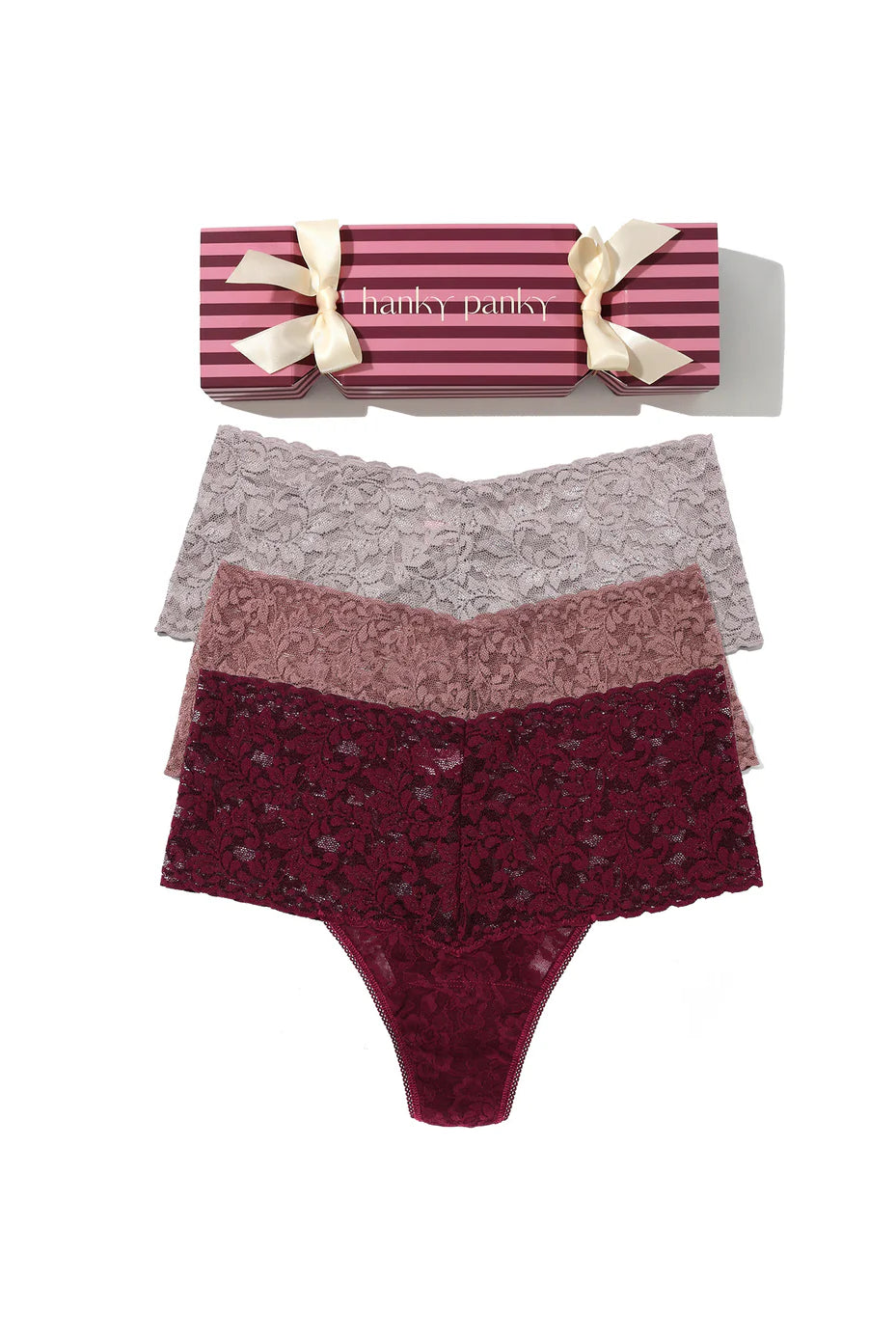 Retro Thong 3-Pack Gift Cracker by Hanky Panky in Dried Cherry, Artichoke Heart, and Steel Grey colors.
