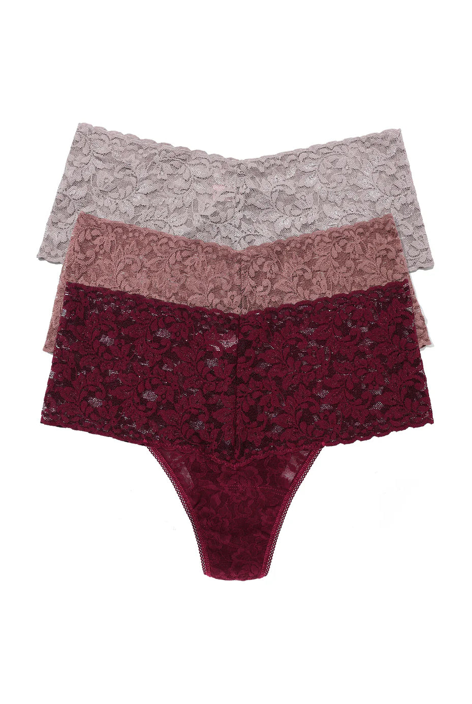 Retro Thong 3-Pack Gift Cracker in Dried Cherry, Artichoke Heart, and Steel Grey lace fabric