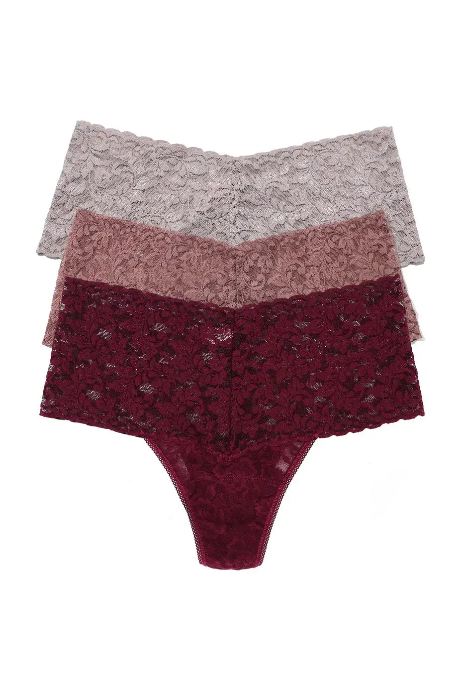 Retro Thong 3-Pack Gift Cracker in Dried Cherry, Artichoke Heart, and Steel Grey lace fabric