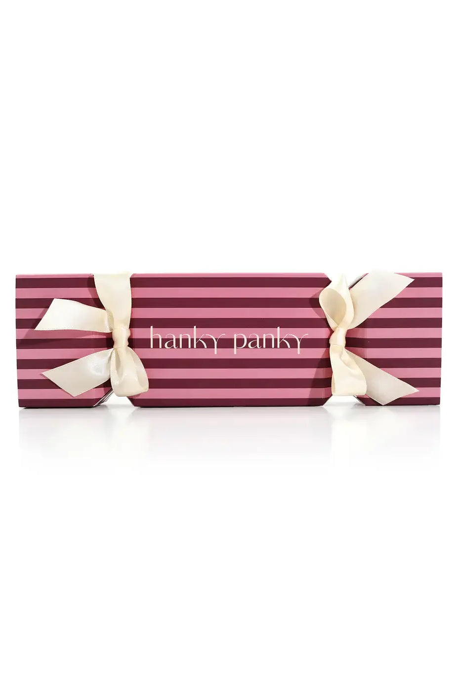 Retro Thong 3-Pack Gift Cracker packaging with pink and purple stripes and beige ribbons by Hanky Panky.