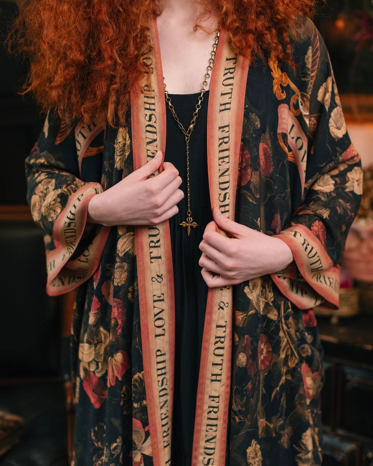 Market of Stars Heart of Gold Opera Duster print detail parchment coral gold — Cloud Nine Pajamas
