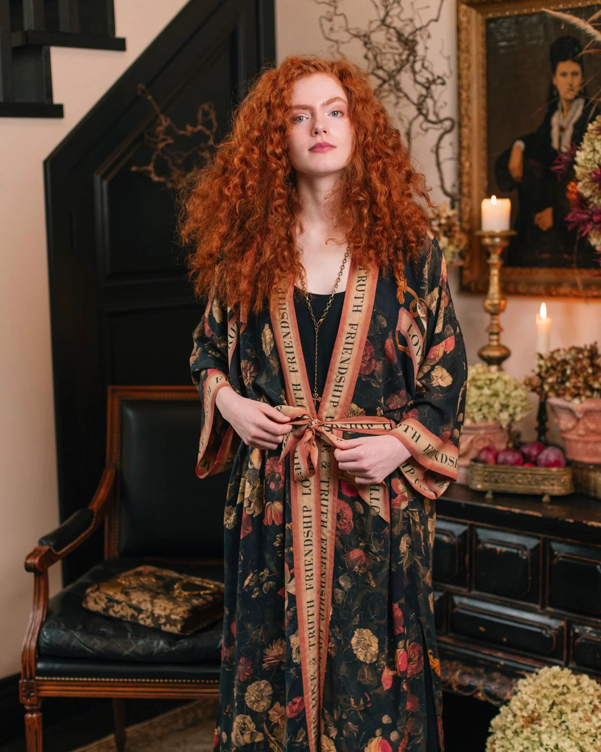 Market of Stars Heart of Gold Opera Duster model front view showing kimono done up with the included tie — Cloud Nine Pajamas Edmonton