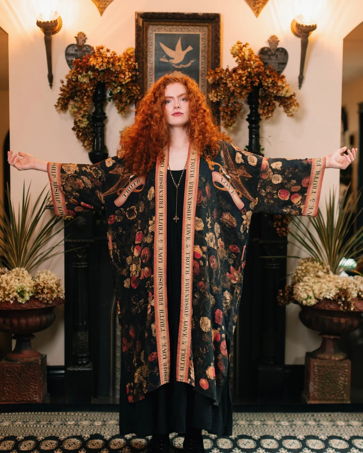 Market of Stars Heart of Gold Opera Duster fabric drape detail — Cloud Nine Pajamas