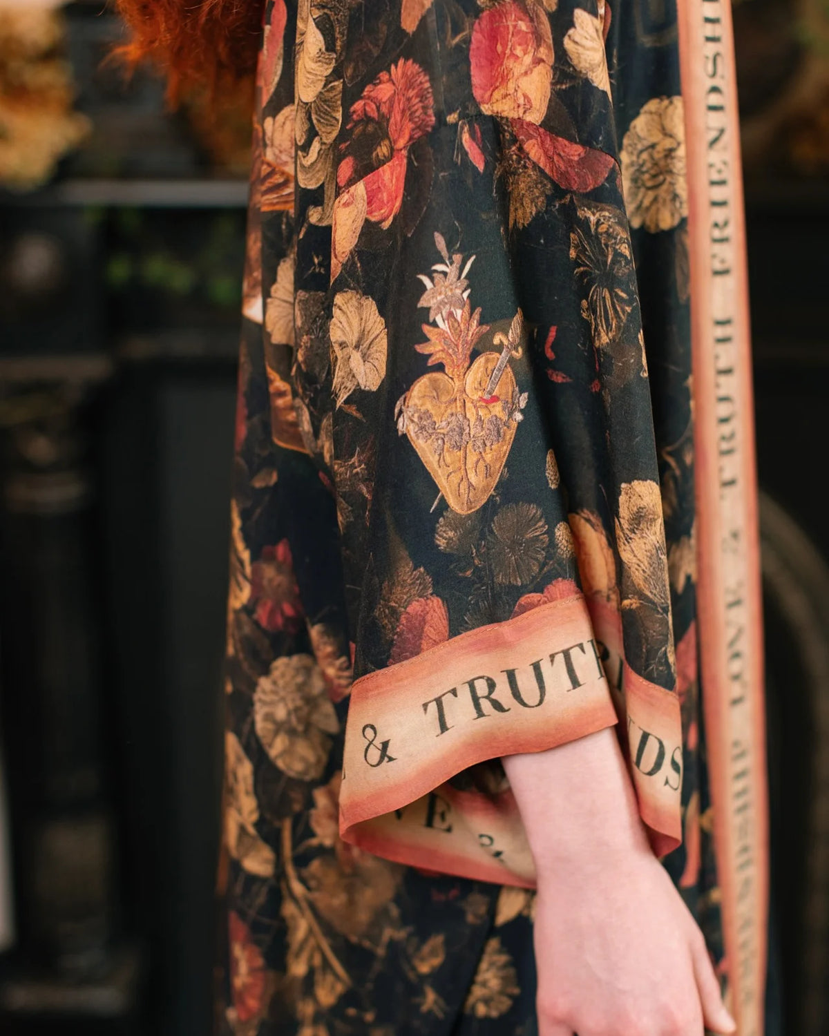 Market of Stars Heart of Gold Opera Duster sleeve width and drape detail — Cloud Nine Pajamas