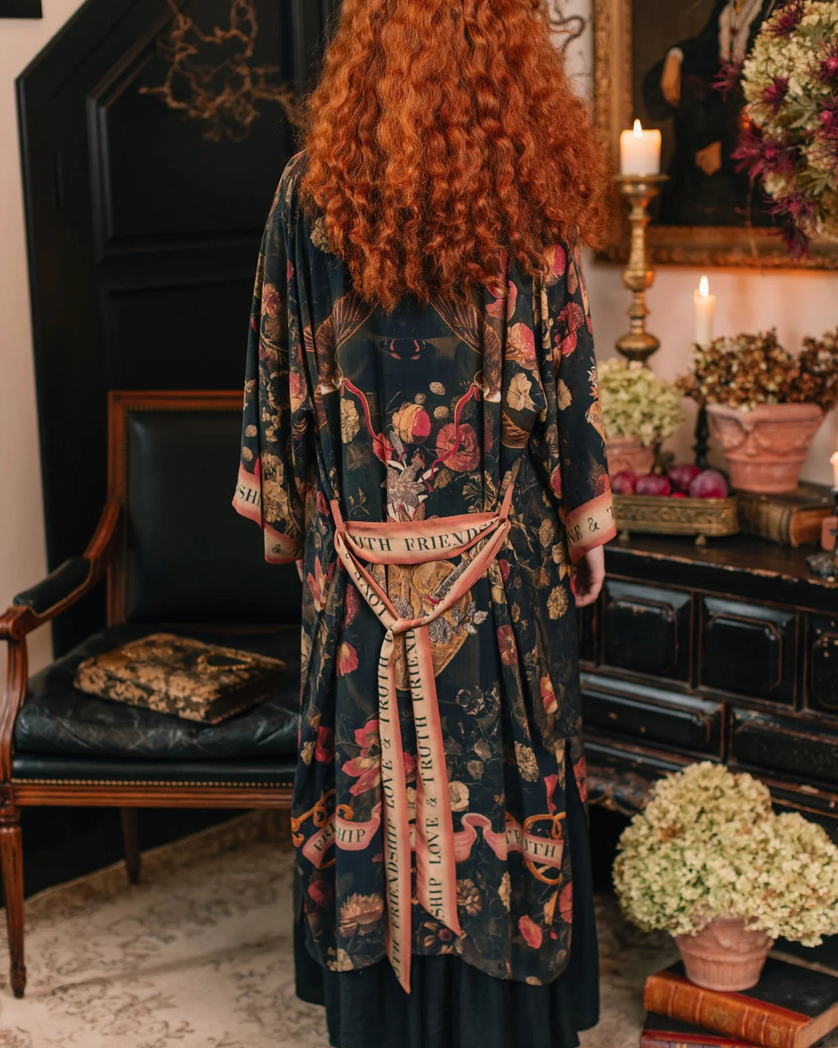 Market of Stars Heart of Gold Opera Duster model back view showing included sash tie style in a knot— Cloud Nine Pajamas Edmonton
