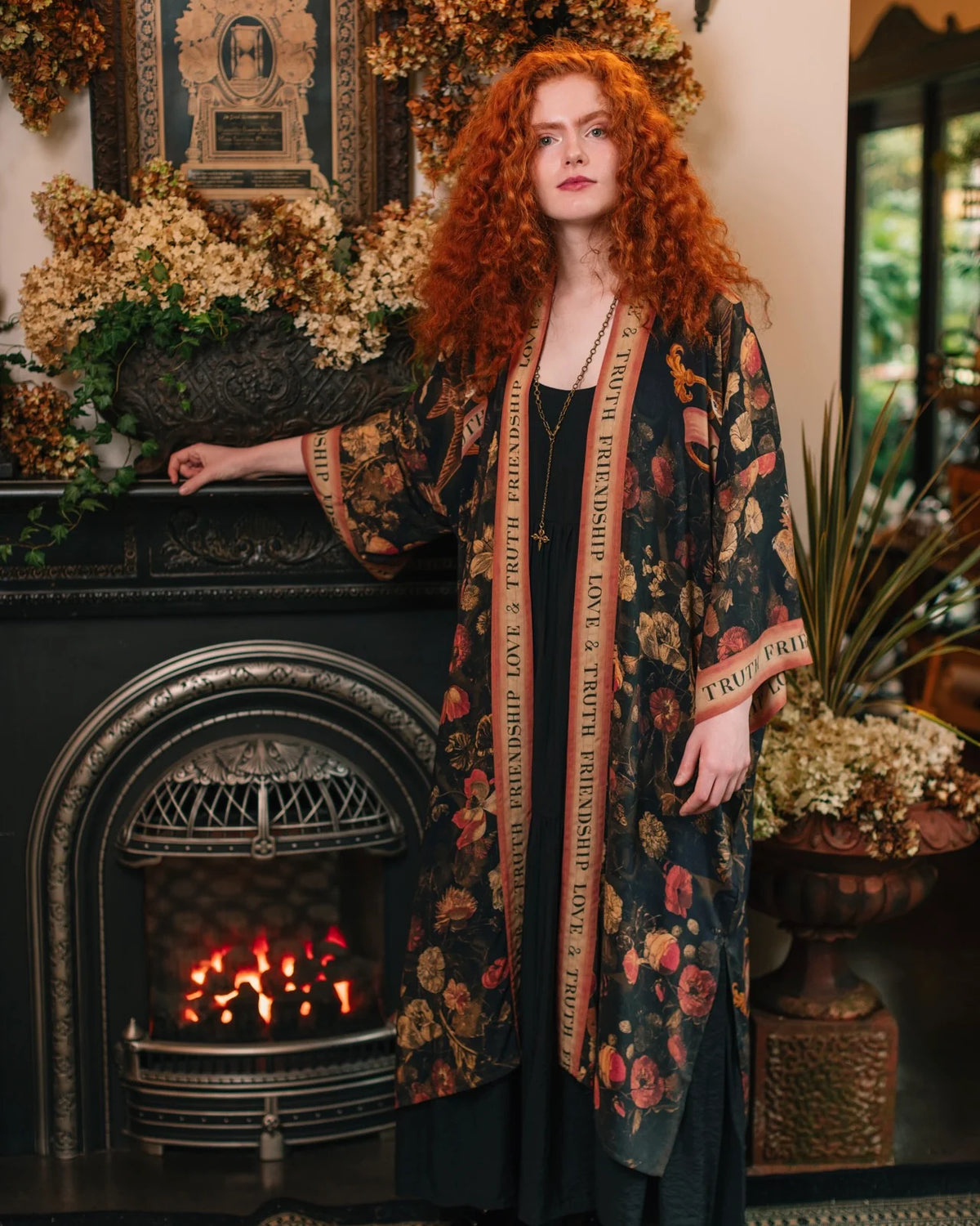 Market of Stars Heart of Gold Opera Duster full length front view on model — Cloud Nine Pajamas Edmonton