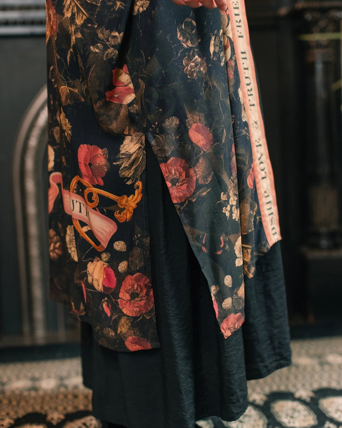 Market of Stars Heart of Gold Opera Duster side view showing length and side slit — Cloud Nine Pajamas Edmonton