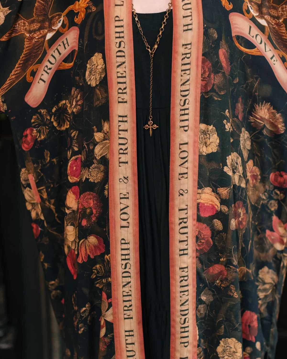 Market of Stars Heart of Gold Opera Duster print detail parchment coral gold Friendship Love & Truth — Cloud Nine Pajamas