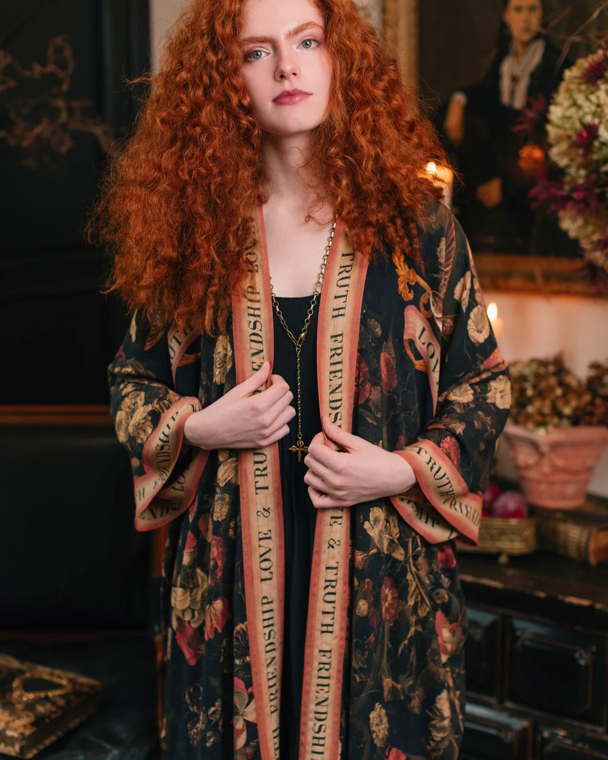 Market of Stars Heart of Gold Opera Duster model wearing open front — Cloud Nine Pajamas