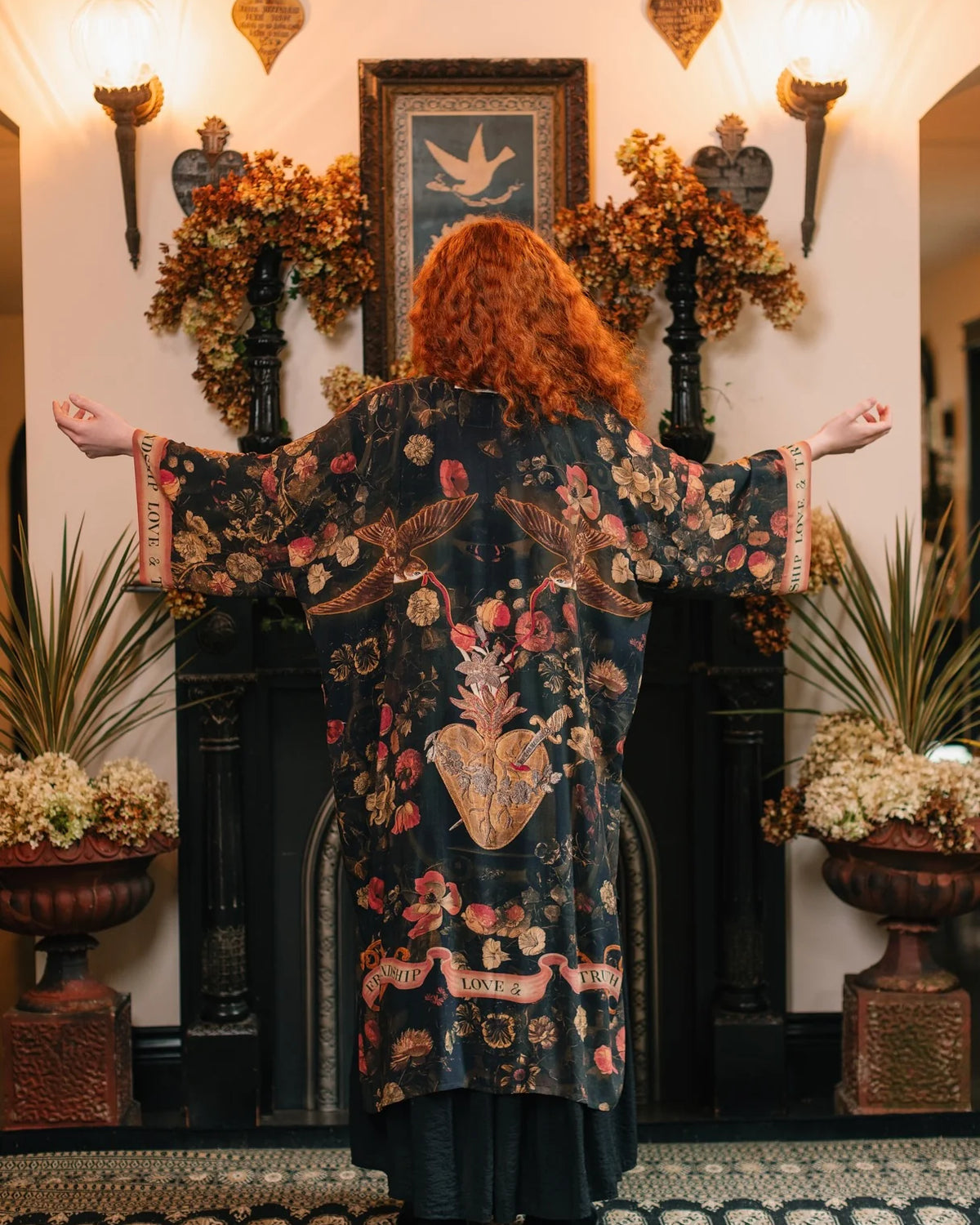 Market of Stars Heart of Gold Opera Duster swallows and sacred heart print detail — Cloud Nine Pajamas