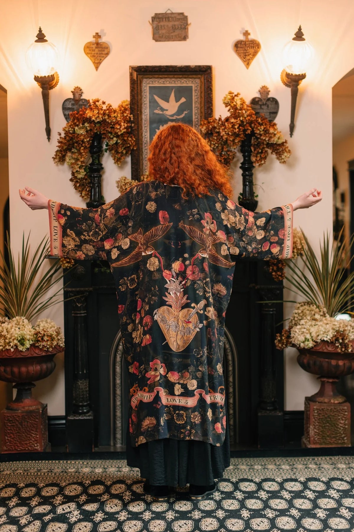 Market of Stars Heart of Gold Opera Duster swallows and sacred heart print detail — Cloud Nine Pajamas