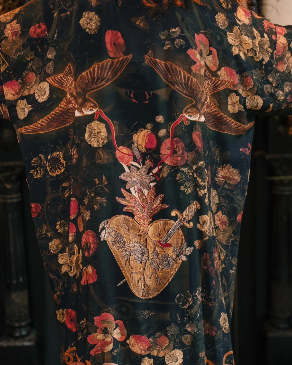 Market of Stars Heart of Gold Opera Duster Karel Batist floral print close-up — Cloud Nine Pajamas