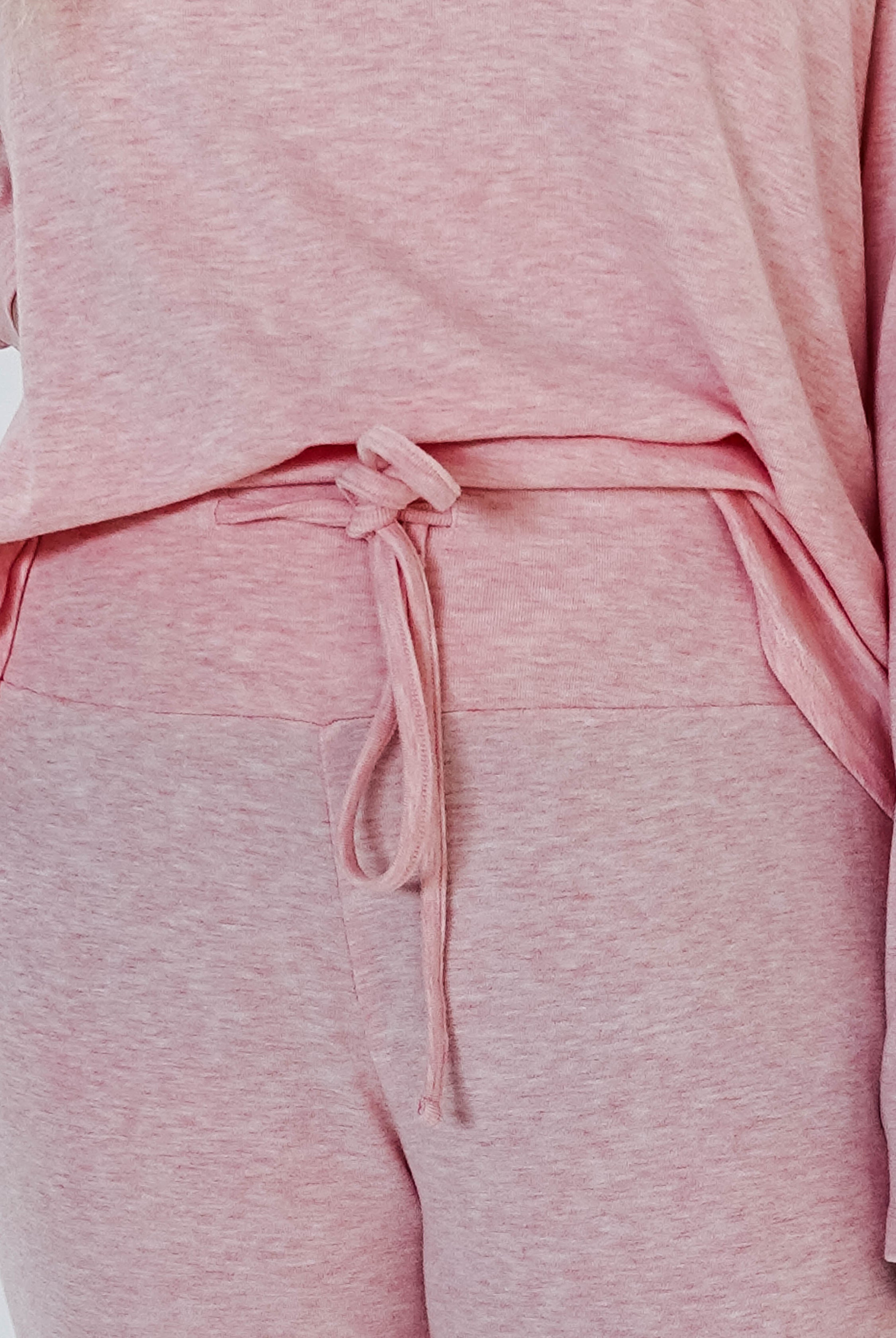 Heather Pink Top Straight Pant Lounge Set featuring a stylish tied waistband and soft fabric detail.