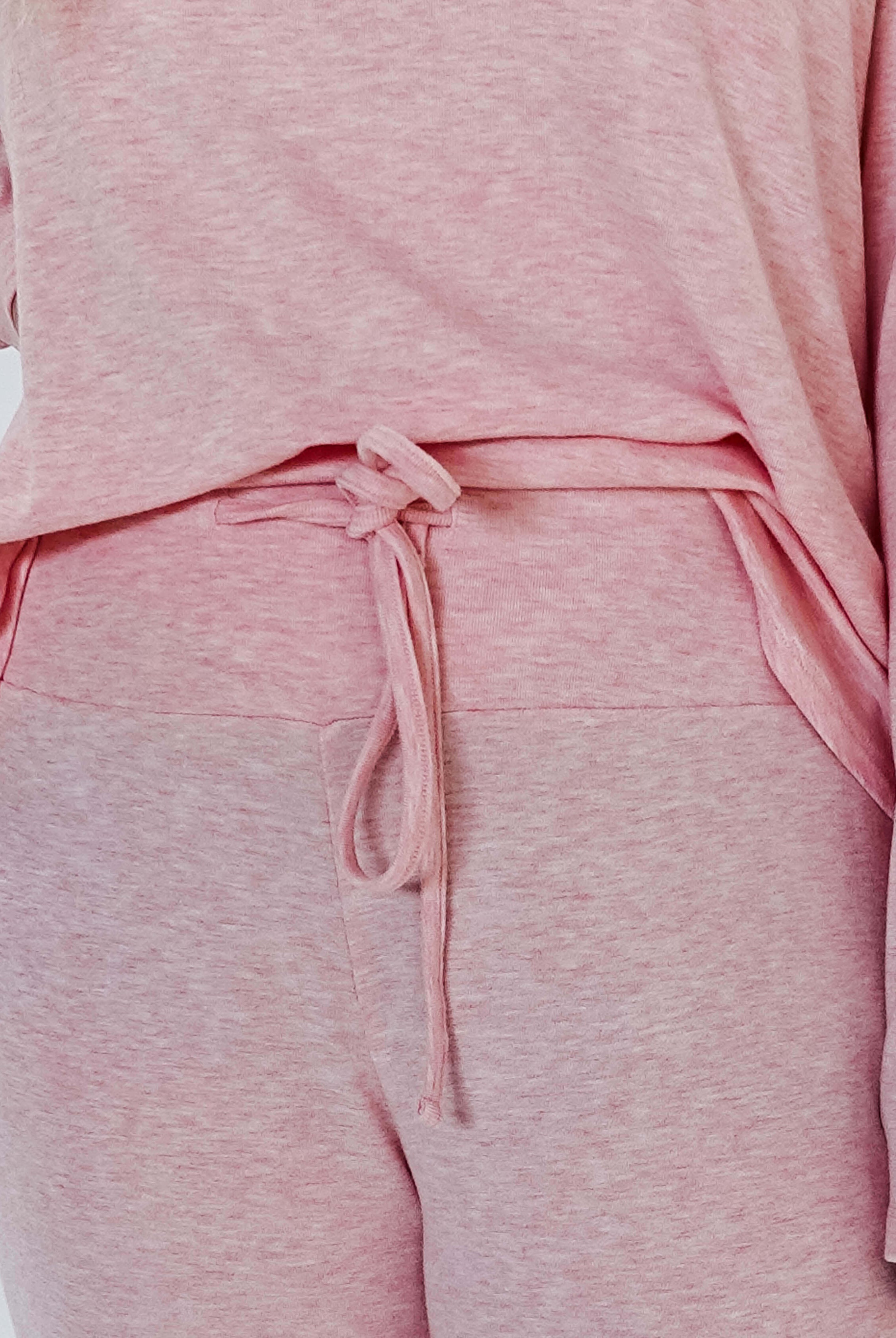Heather Pink Top Straight Pant Lounge Set featuring a stylish tied waistband and soft fabric detail.