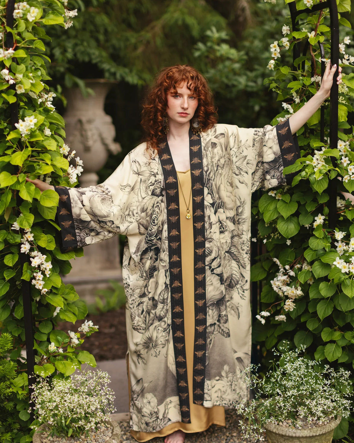 Market of Stars Honey and The Moon Opera Duster full length front view on model — Cloud Nine Pajamas Edmonton